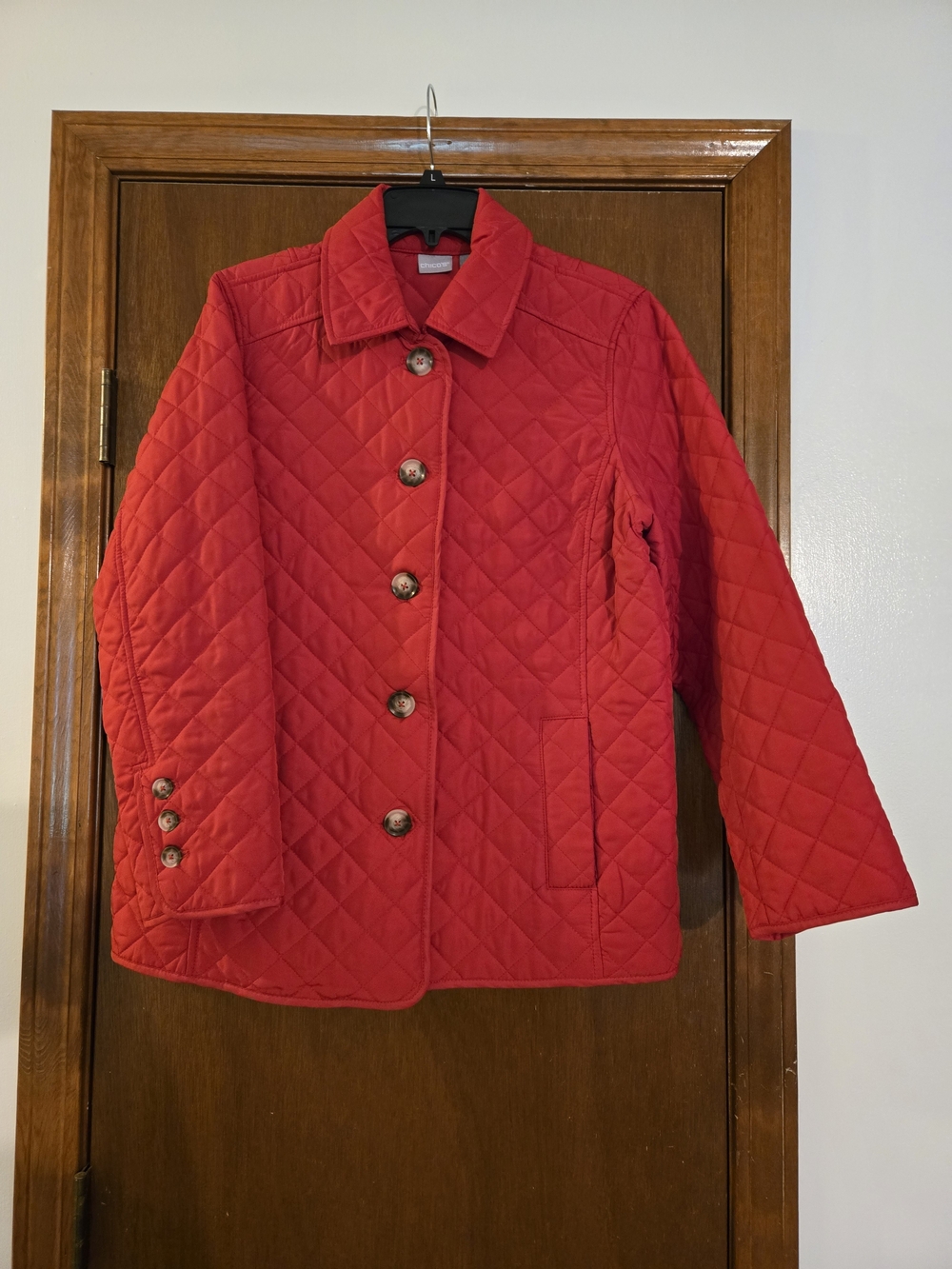 Chico's Red Diamond Quilted Snap Front Jacket Coat Size 2 / Large